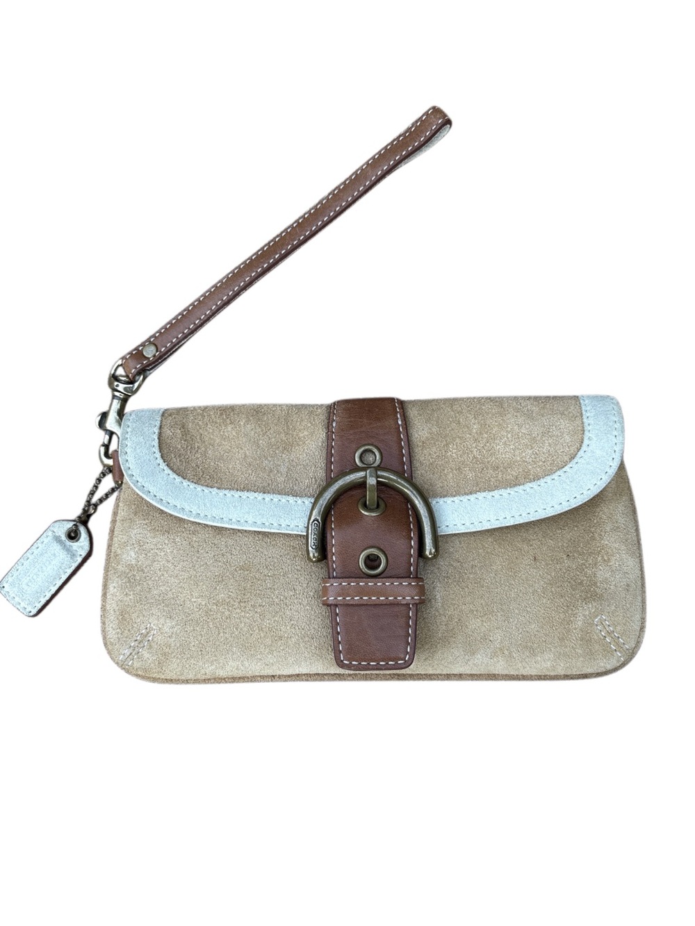 Coach Vintage Y2K Soho Suede Wristlet Tan White Brown